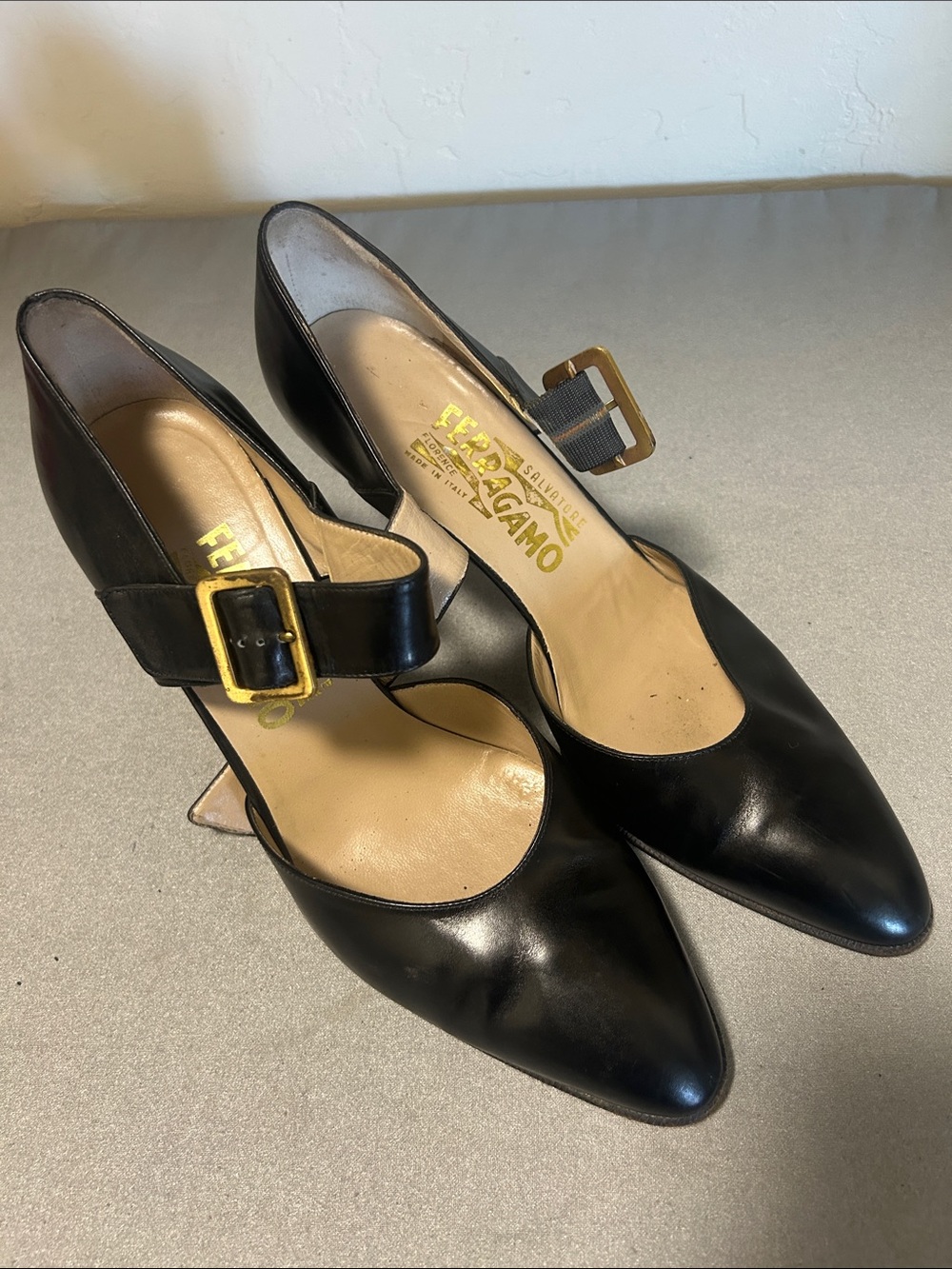 Salvatore Ferragamo Black Leather Mary Jane Pumps with Gold Buckles